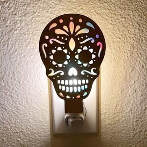 Sugar Skull Night Light Wooden Rainbow Glow Plug In Day of the Dead Decor